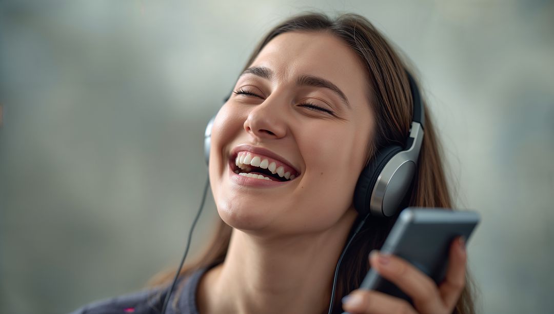 Joyful Woman Relaxing with Music on Headphones at Home