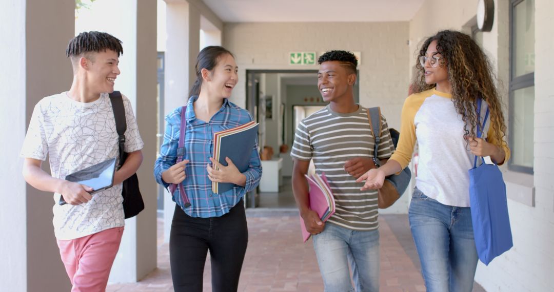 Diverse Teenagers Walking in High School Hallway, Smiling and Chatting