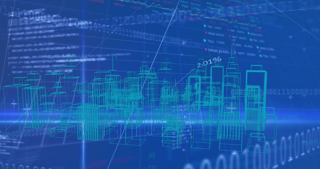 Futuristic Digital City Overlay on Data Matrix Background