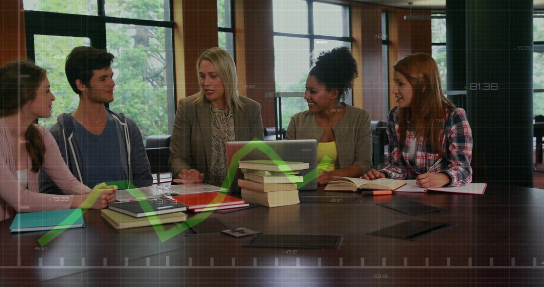 Diverse Team Analyzing Graph Among Books and Notebooks in Library
