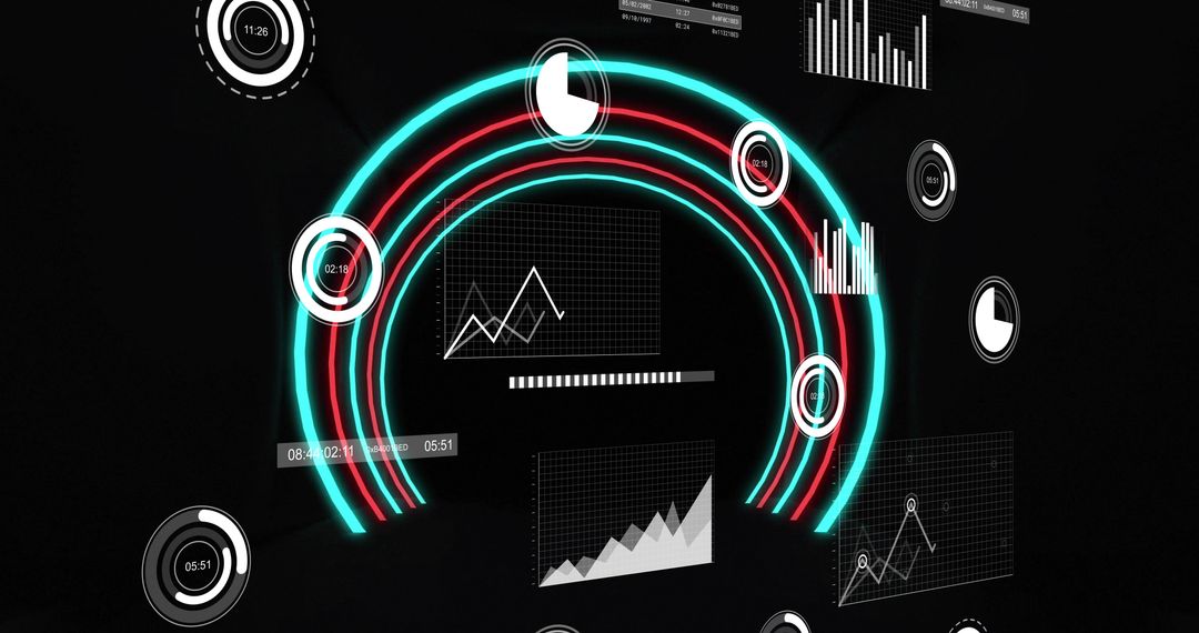 Futuristic Holographic Data Dashboard with Neon Teal and Red Arcs, Interactive Analytics HUD