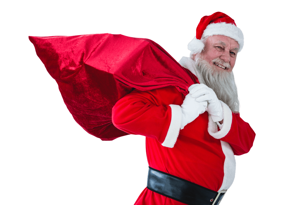 Transparent Santa Claus Carrying Red Gift Bag Smiling