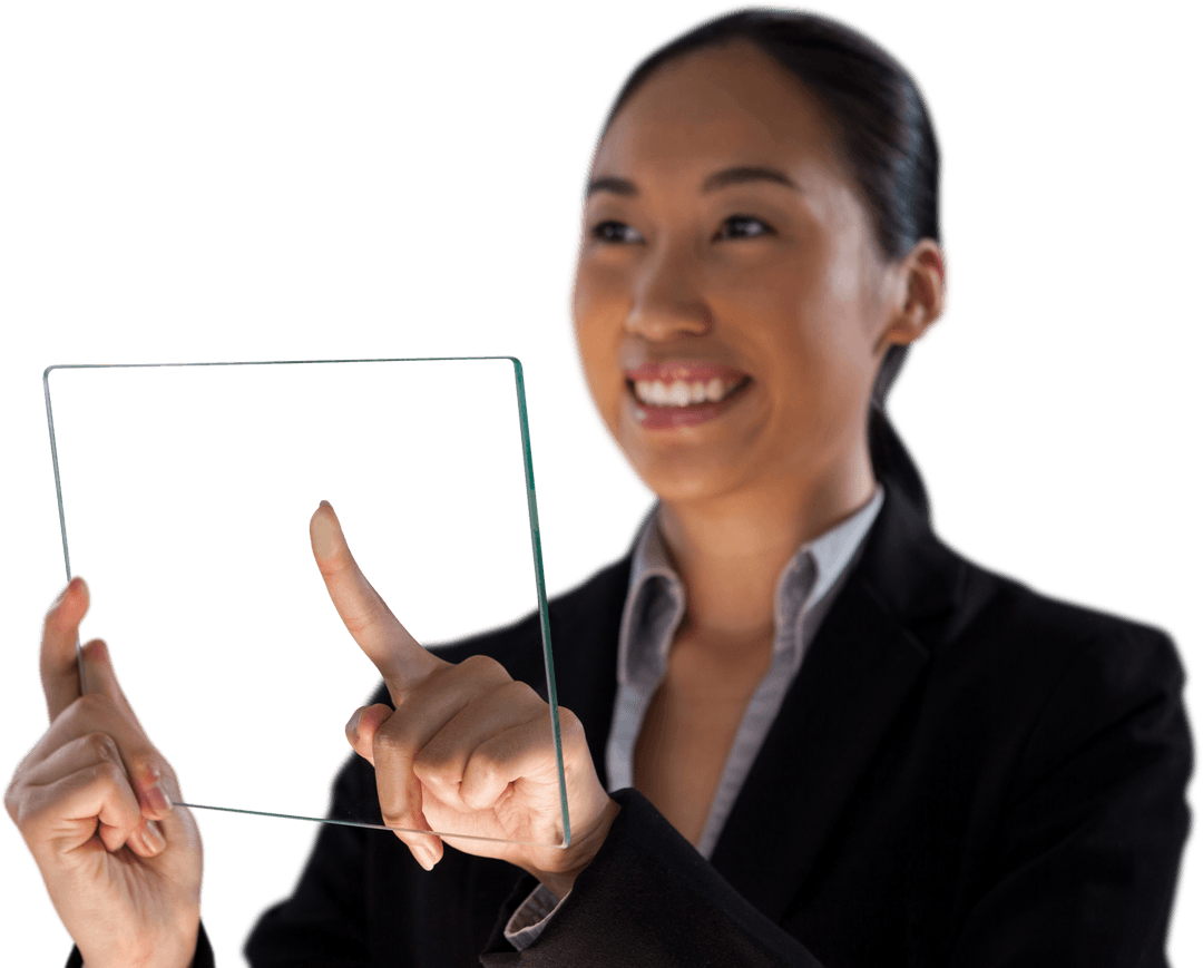 Smiling Businesswoman Touching Transparent Glass Tablet Interface
