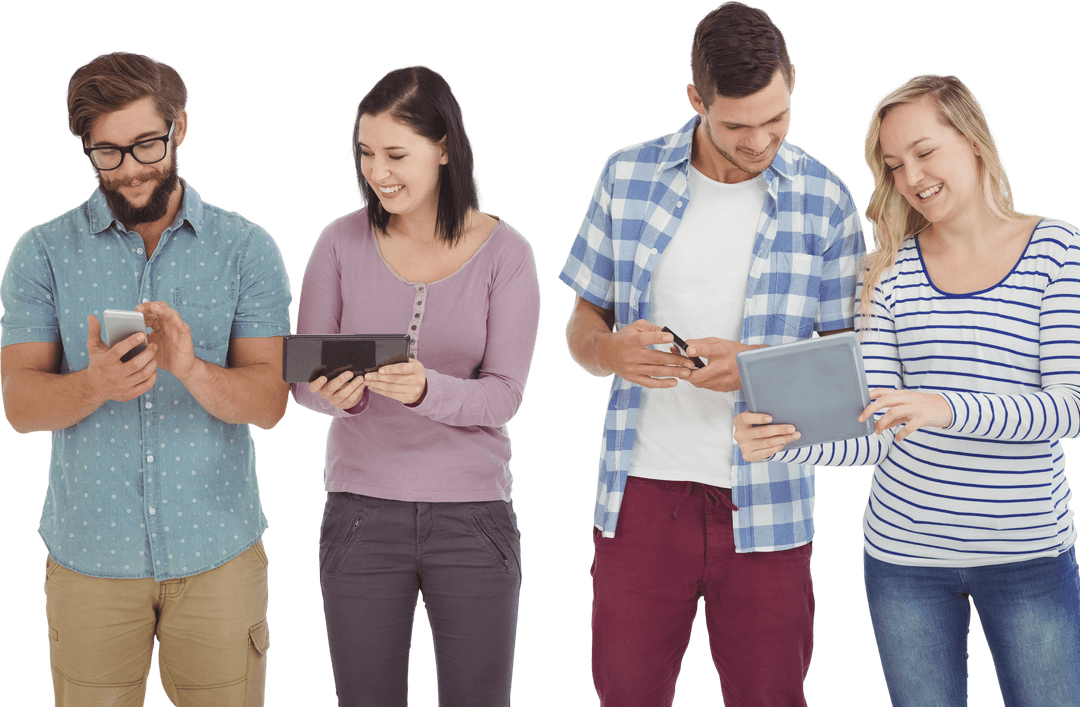 Cheerful Team Engaging with Transparent Electronic Gadgets