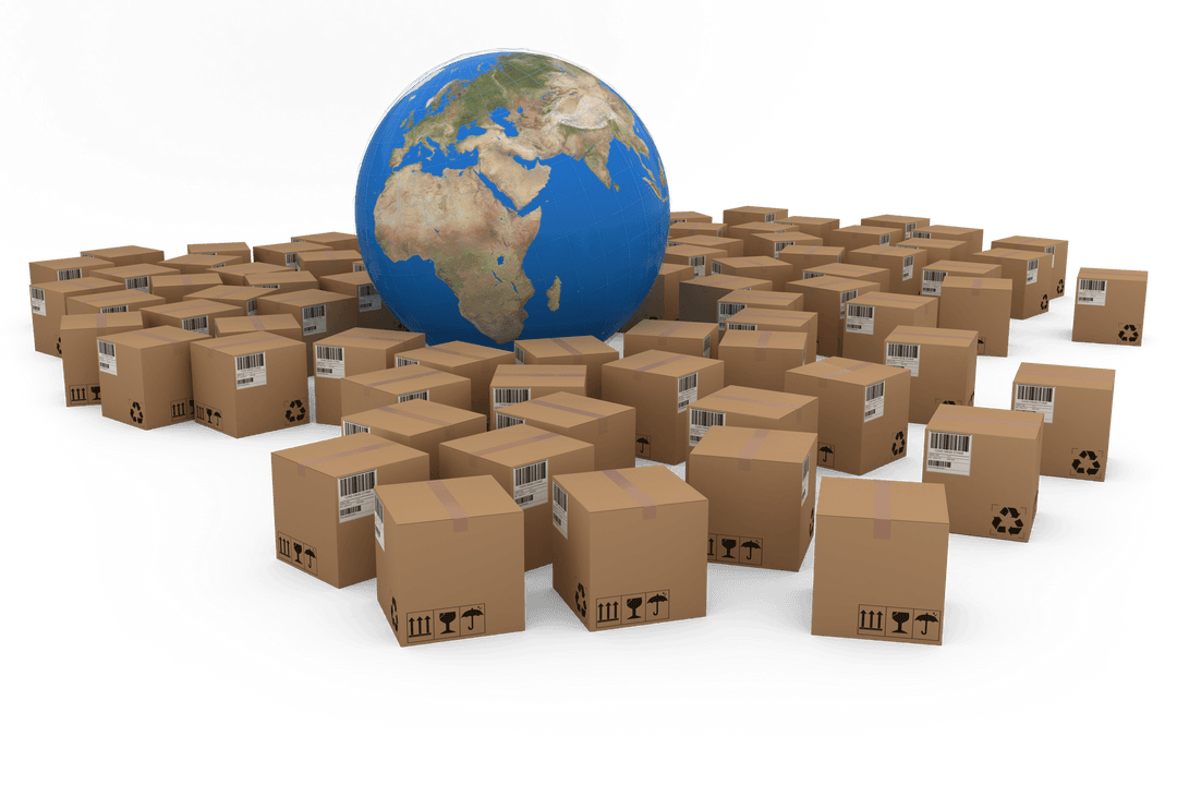 Transparent Earth Among Cardboard Boxes Symbolizing Global Trade