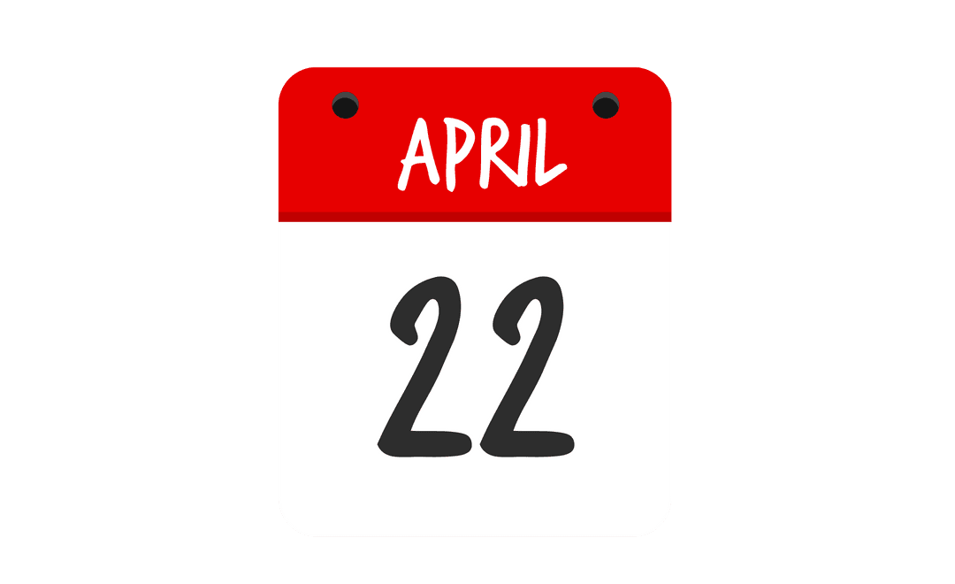 April 22 Calendar with Red Header on Transparent Background