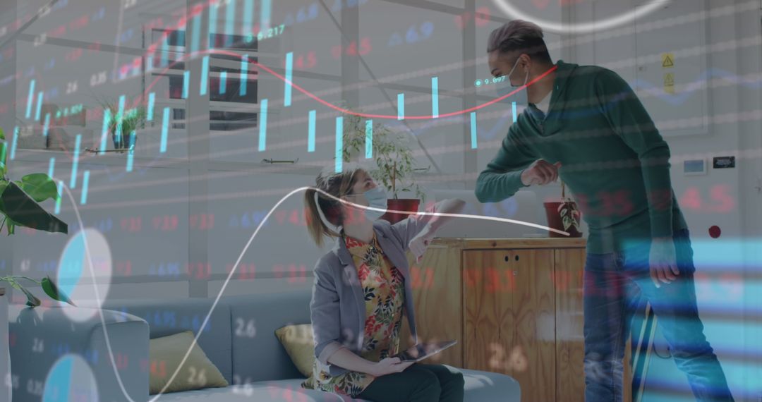 Colleagues Wearing Masks Greeting in Modern Office with Overlay of Digital Statistics