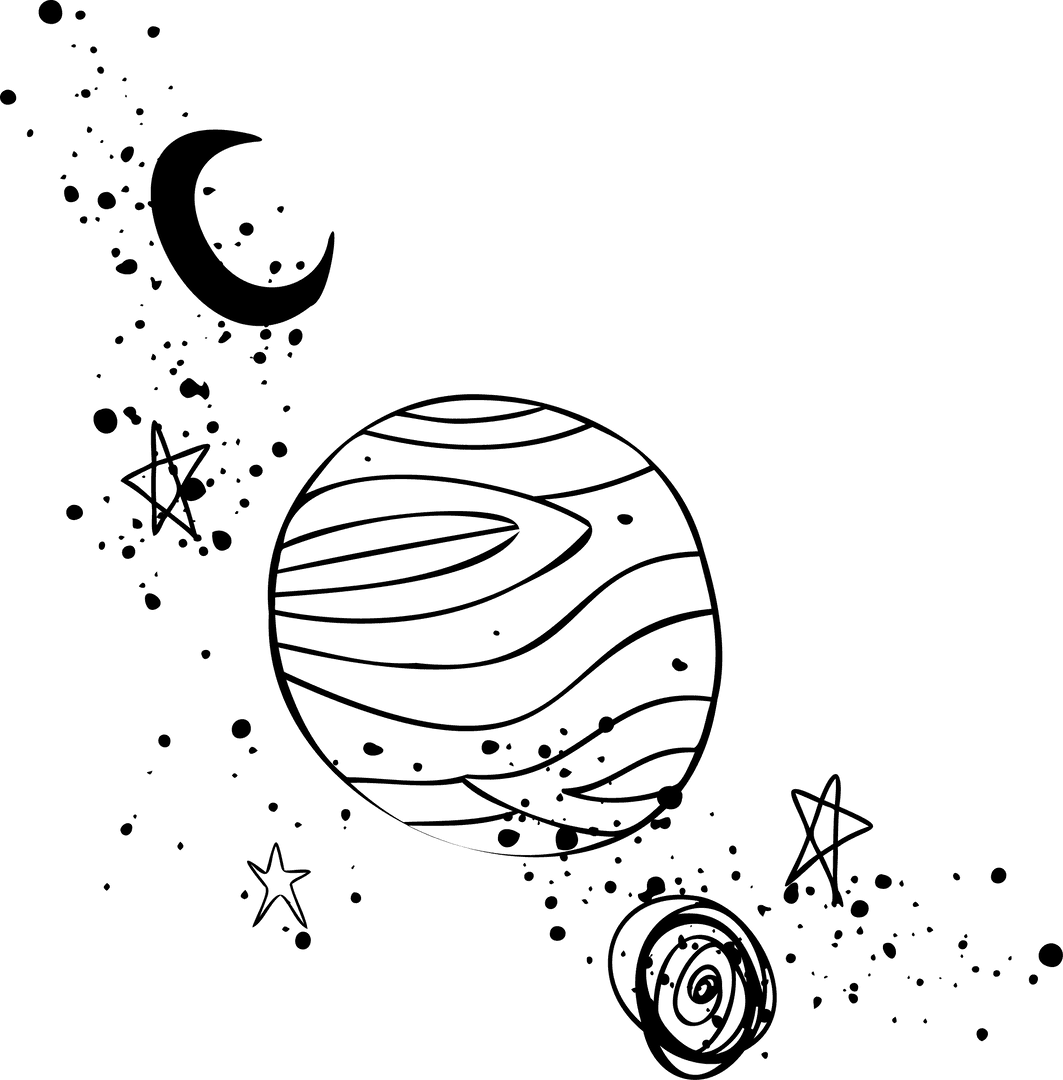 Minimalist Celestial Line Art with Stars and Moon on Transparent Background