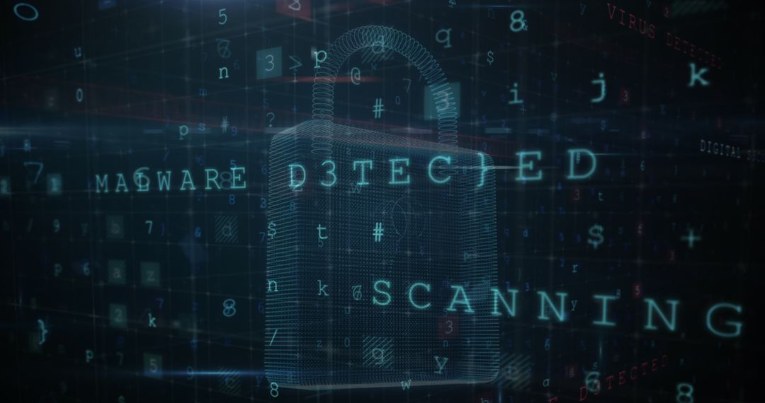 Digital security visualization with floating text and padlock hologram