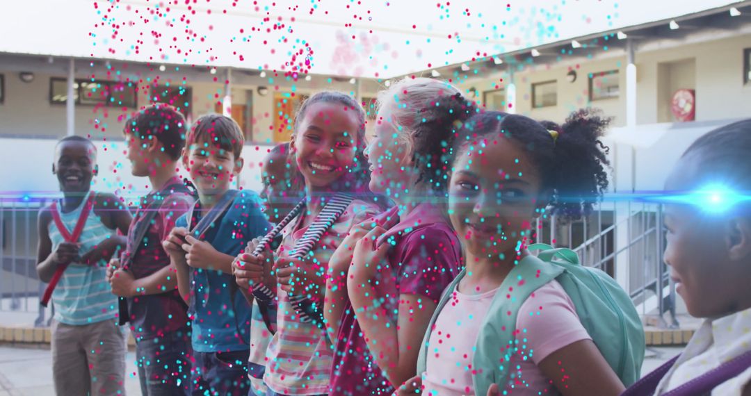 Children Lining Up at Schoolyard with Digital Overlay Transparency