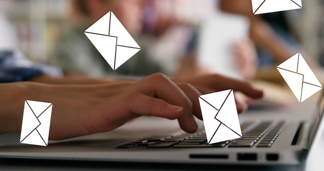 Typing on Laptop with Falling Digital Messages