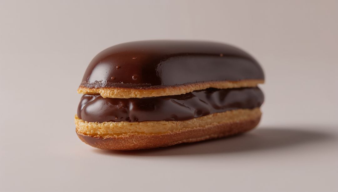 Glossy Dark Chocolate Éclair Featuring Thick Ganache Filling Closeup on Beige Surface