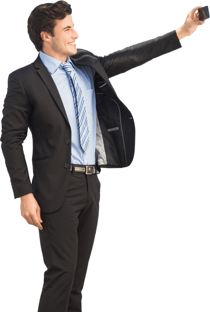 Caucasian Businessman Taking Selfie with Smartphone on Transparent Background