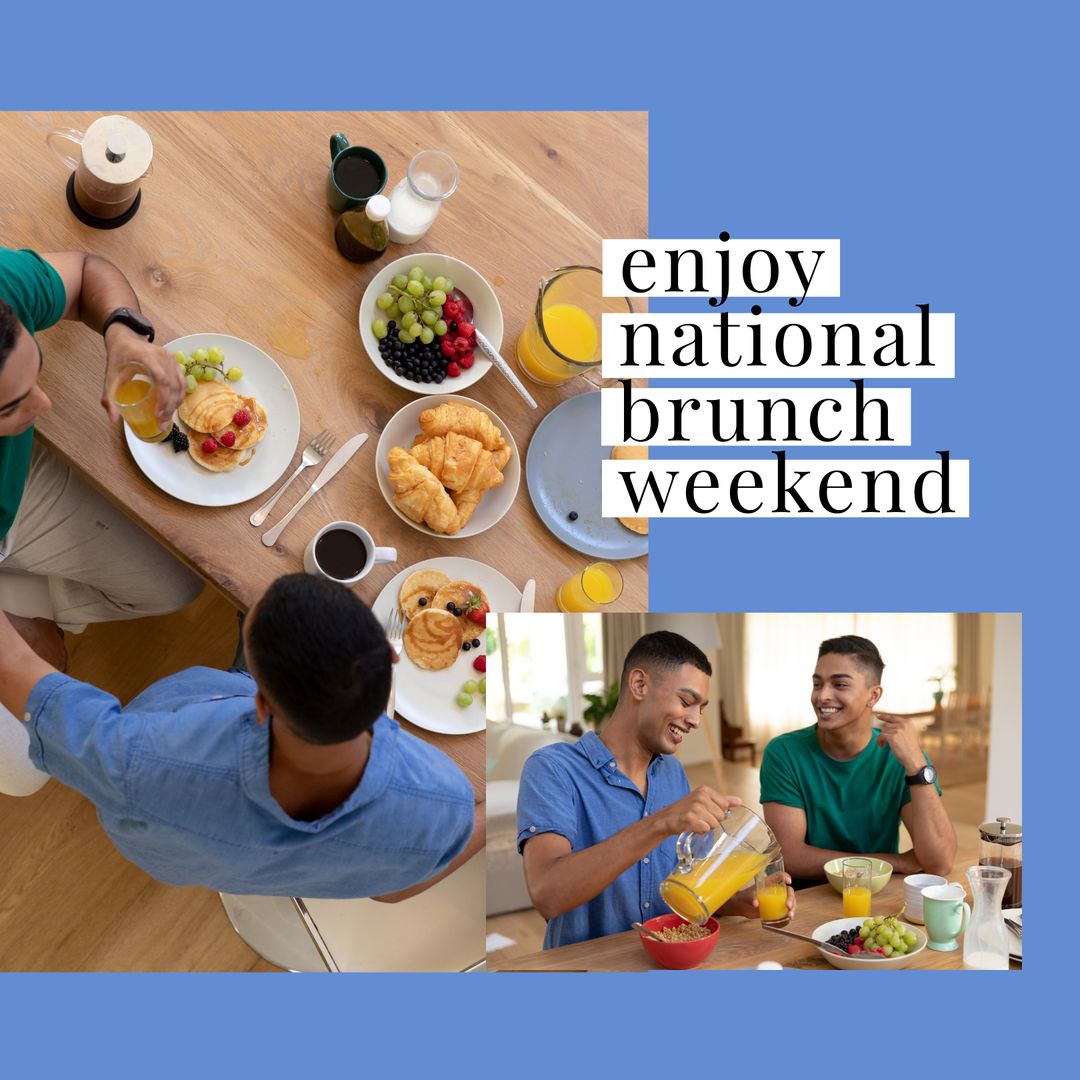 Happy Brunch Event with Smiling Men and Delicious Food Spread