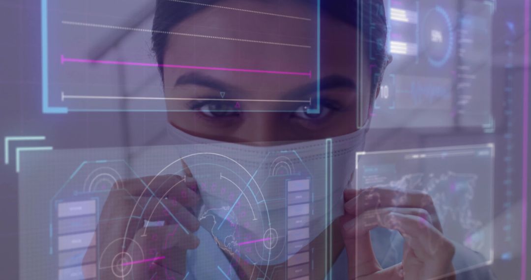 Female Scientist Adjusting Face Mask While Interacting with Holographic HUD Interface