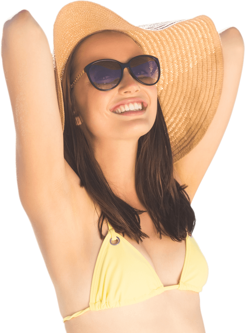 Joyful Caucasian Woman in Sun Hat and Sunglasses on Transparent Background