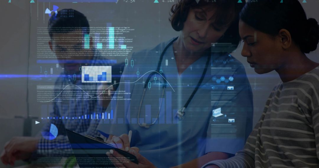 Clinician documenting patient notes with digital health analytics overlay and data graphs