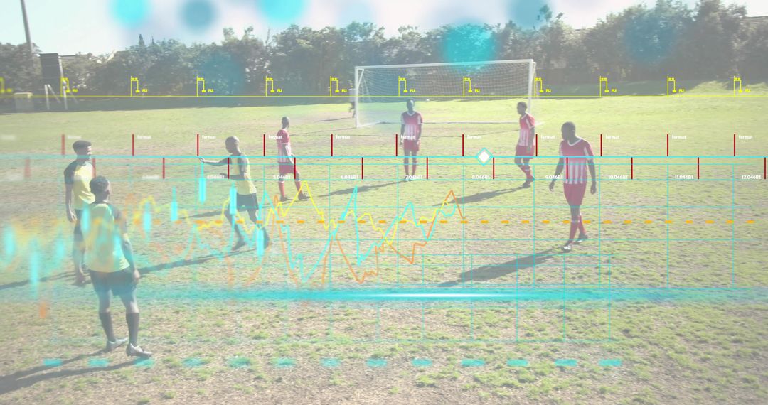 Youth soccer team analyzing performance with augmented analytics overlay on training field