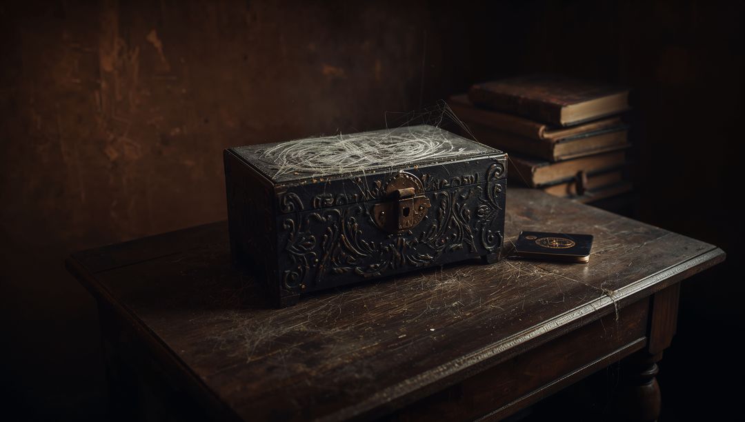 Ornate carved lockbox resting on worn wooden table with cobwebbed antique books