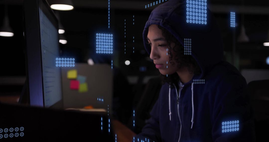 Female Hacker Analyzing Data with Digital Interface in Dark Room