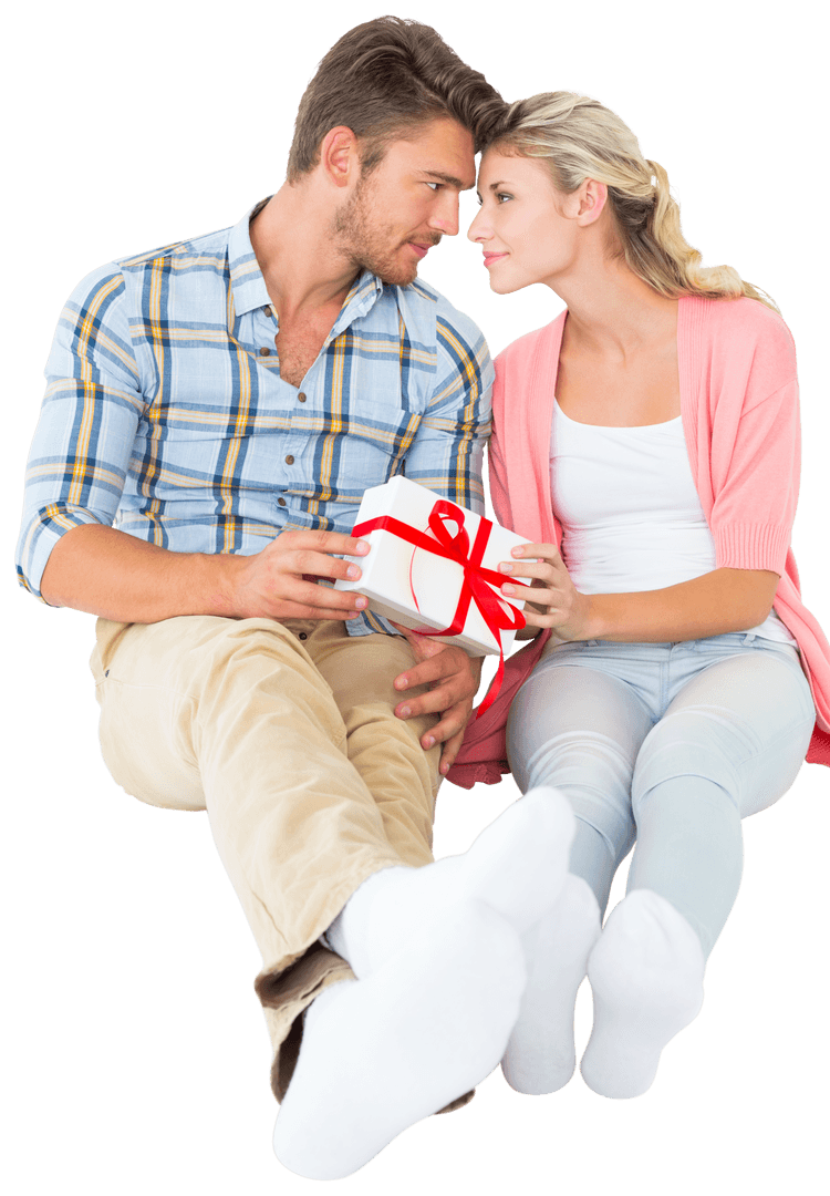 Romantic Couple Exchanging Gift with Affection Transparent Background