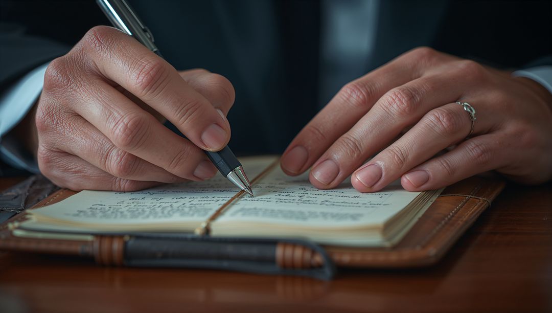 Professional Hands Capturing Notes in Elegant Leather Notebook