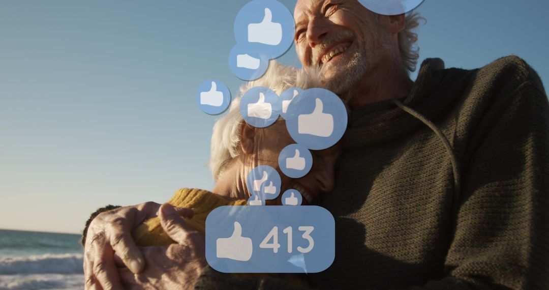 Senior Couple Embracing with Social Media Likes Bubble Overlay