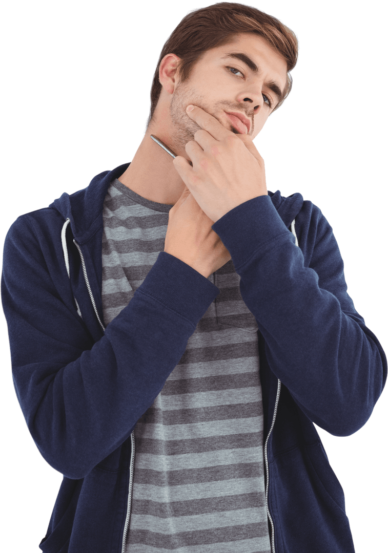 Young Man Confidently Shaving with Straight Razor on Transparent Background