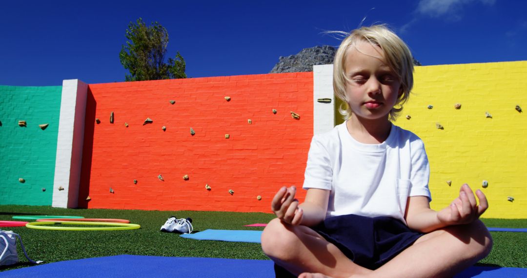 Blond child meditating outdoors in sunny weather, bright colorful wall - Free Images, Stock Photos and Pictures on Pikwizard.com