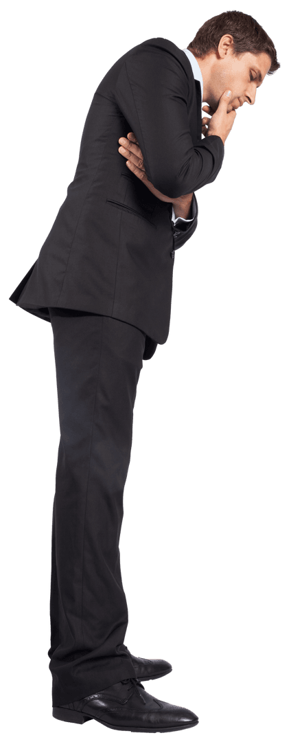 Caucasian Businessman Leaning Forward and Wondering Looking Down Transparent