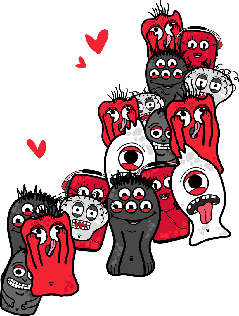 Whimsical Cartoon Monsters Sticking Together Transparent Art