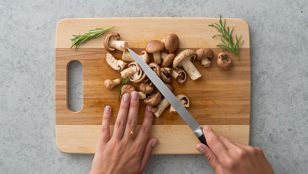 Overhead hands slicing brown mushrooms on wooden cutting board with rosemary and gold ring