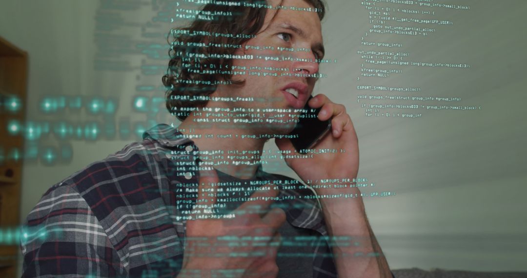 Male Programmer Talking on Smartphone with Code Overlay