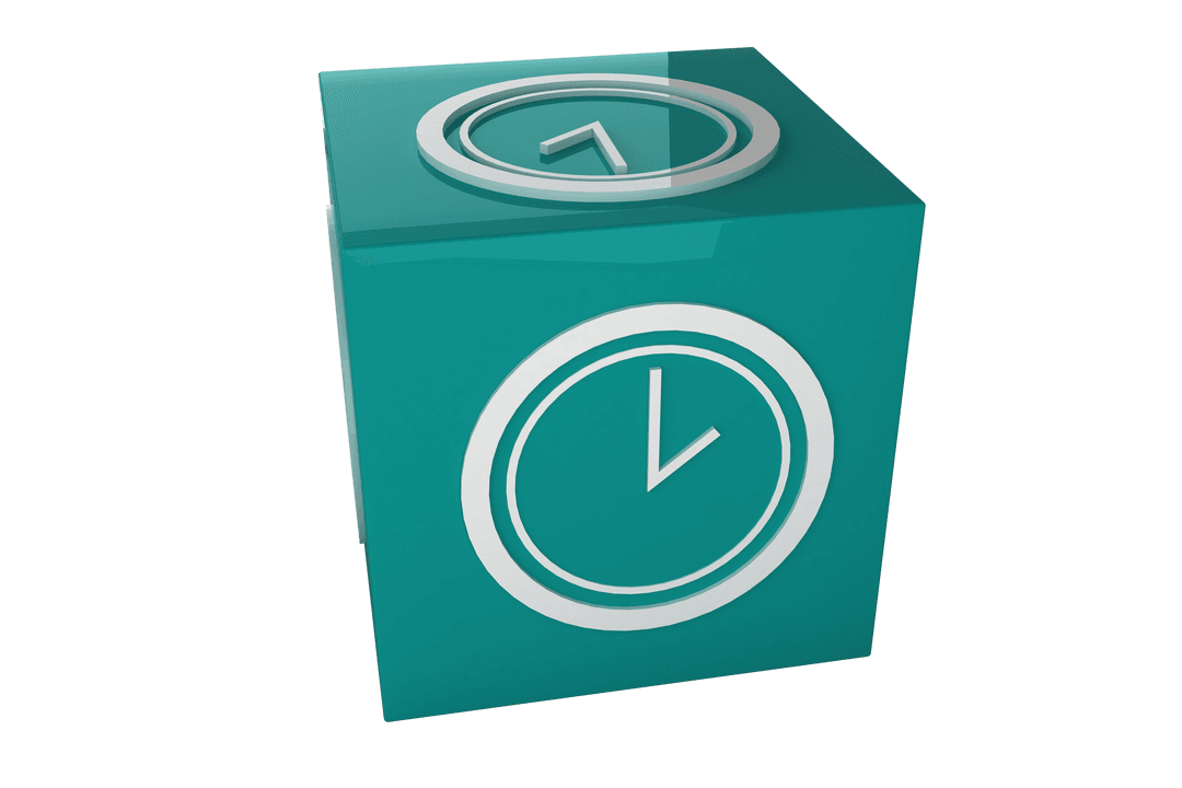 Transparent Cube with Clock Faces on Turquoise Background