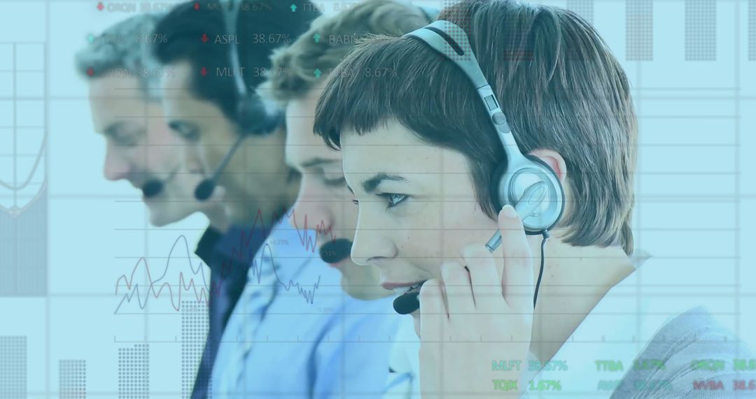 Customer Support Team Analyzing Data With Transparent Financial Charts