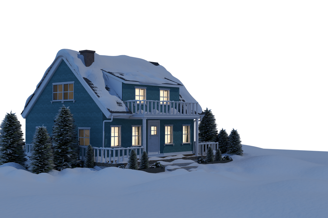 Illuminated Turquoise House Covered in Snow on Transparent Background - Download Free Stock Images Pikwizard.com