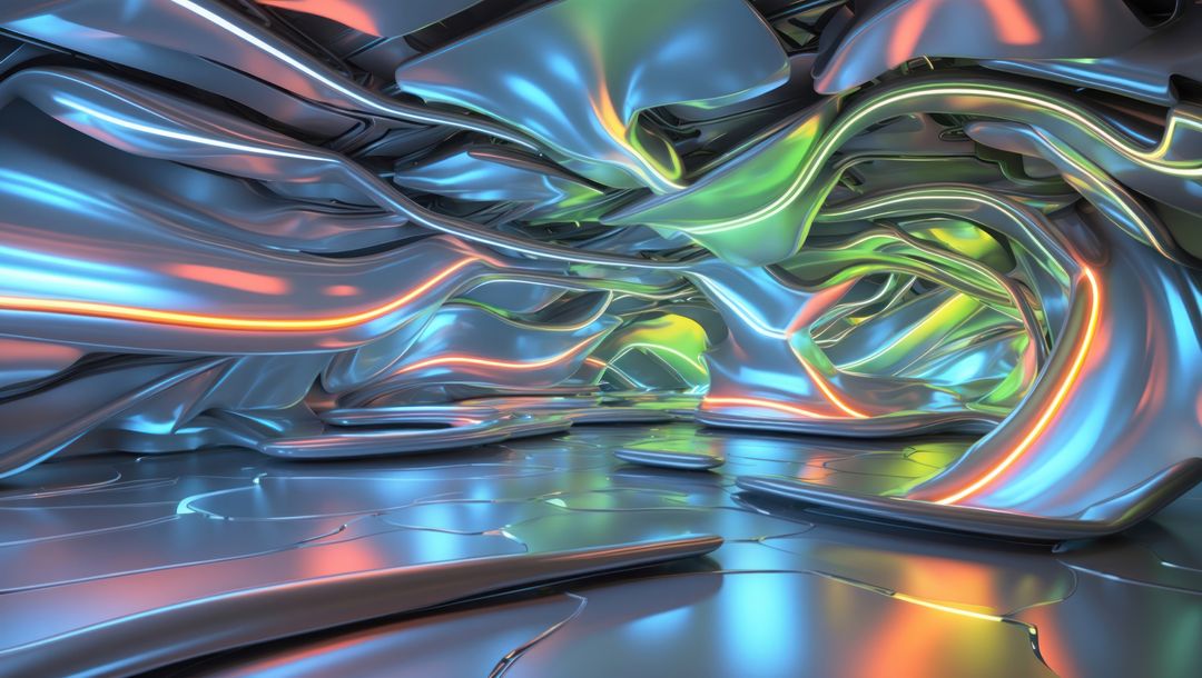 Futuristic Metallic Chamber with Swirling Rays of Colored Light
