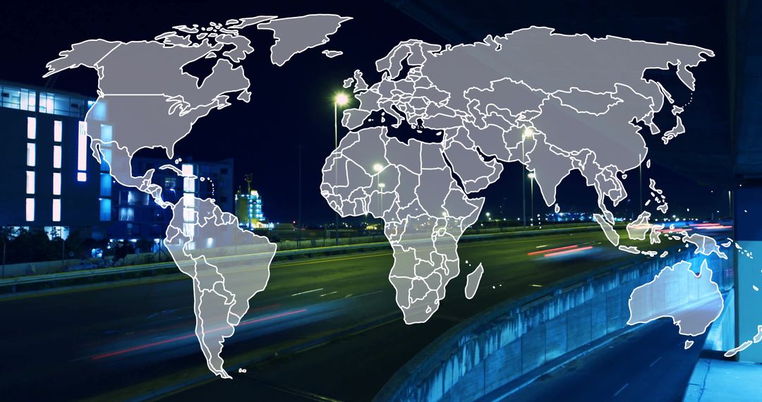 Futuristic Urban World Map Overlay with Light Trails