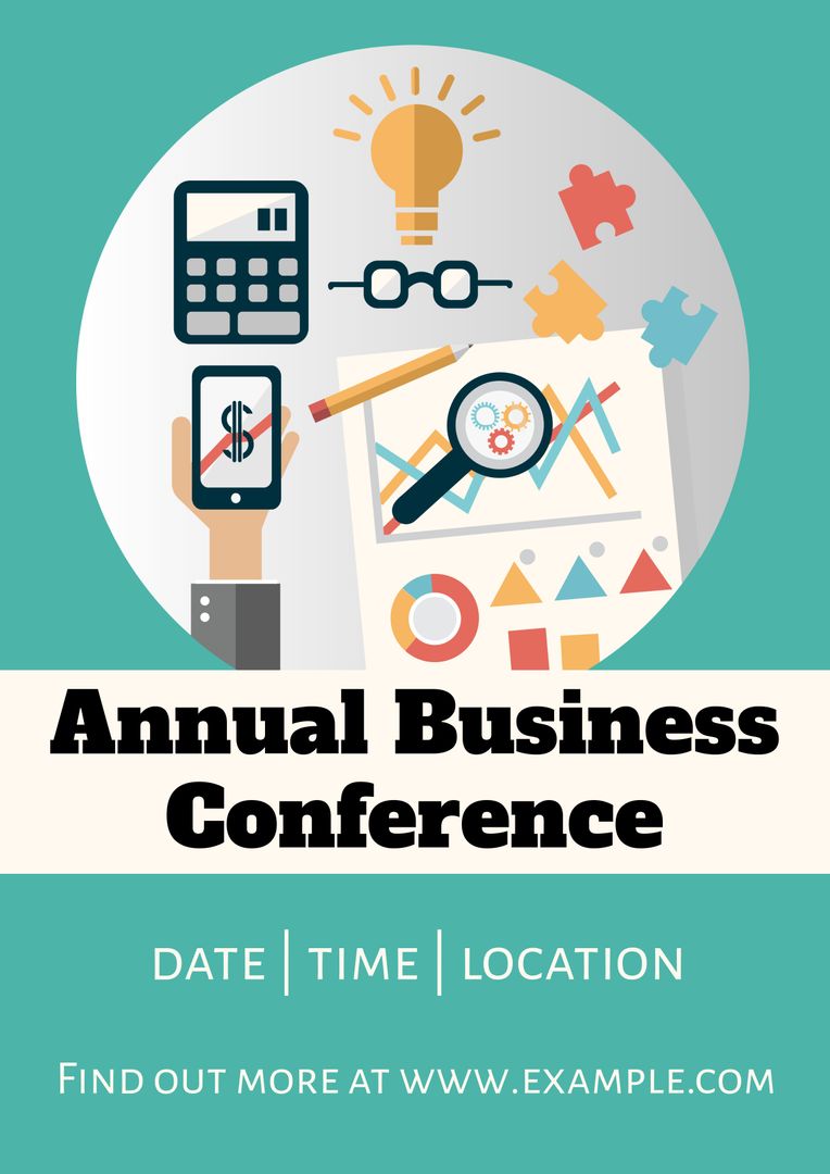 Virtual Business Conference Promotion with Icons on Green Background