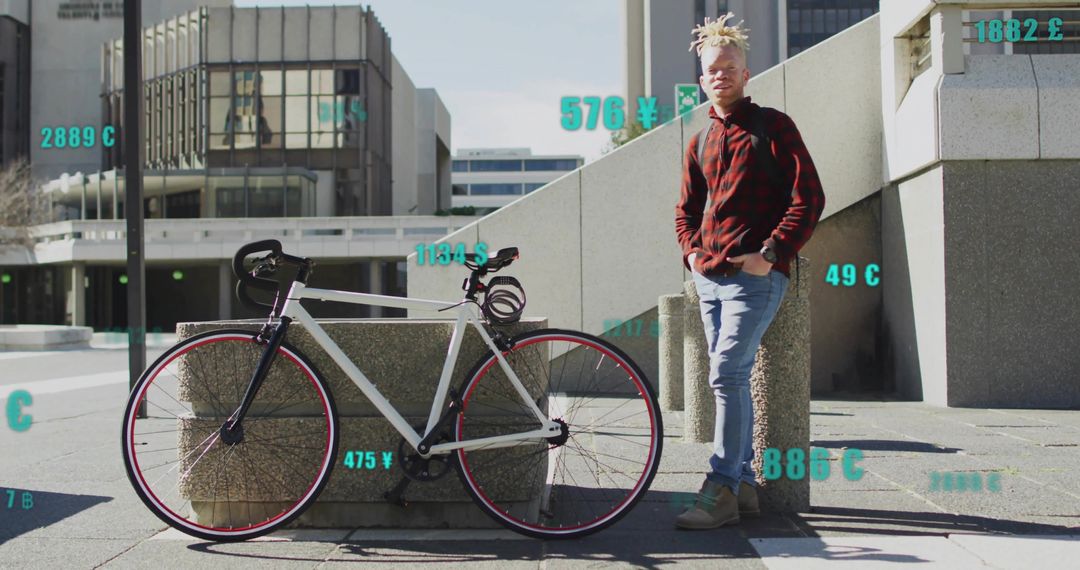Urban Cyclist in Modern Plaza with Digital Currency Symbols