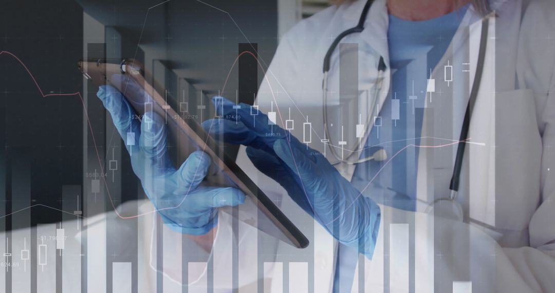 Doctor Analyzing Data on Tablet with Financial Graphs Overlay