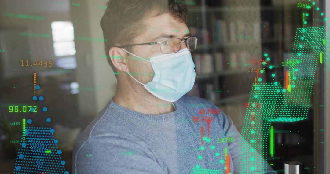 Masked trader analyzing candlestick charts with holographic data overlay in home office