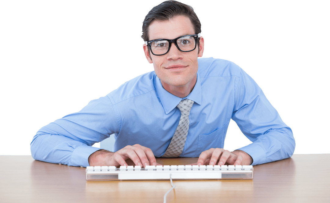 Smiling Businessman Typing at Desk with Transparent Background