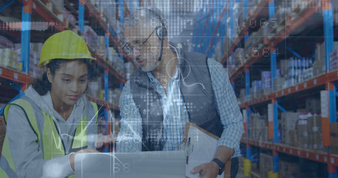 Diverse Warehouse Workers Discussing Logistics with Digital Data Overlay