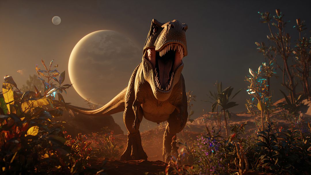 Roaring Tyrannosaurus Rex Against Alien Planet Backdrop