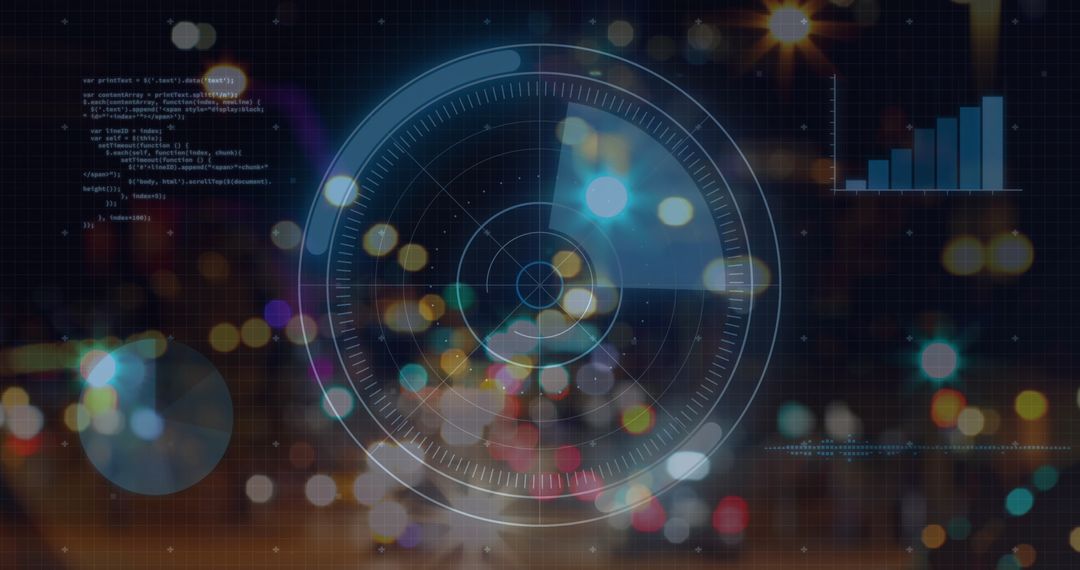 Futuristic Radar Interface Overlaying City Lights for Data Analysis