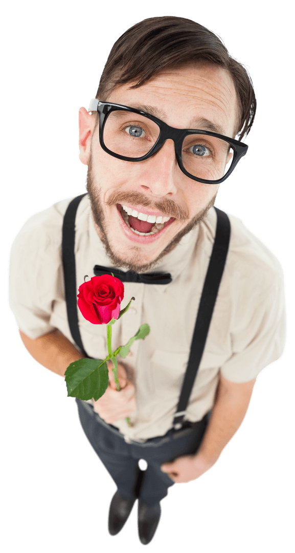 Transparent Lovesick Hipster Holding Red Rose Smiling