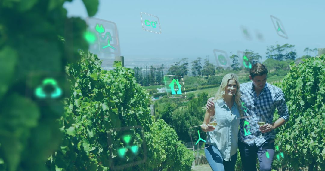 Couple Exploring Vineyard with Augmented Reality Technology