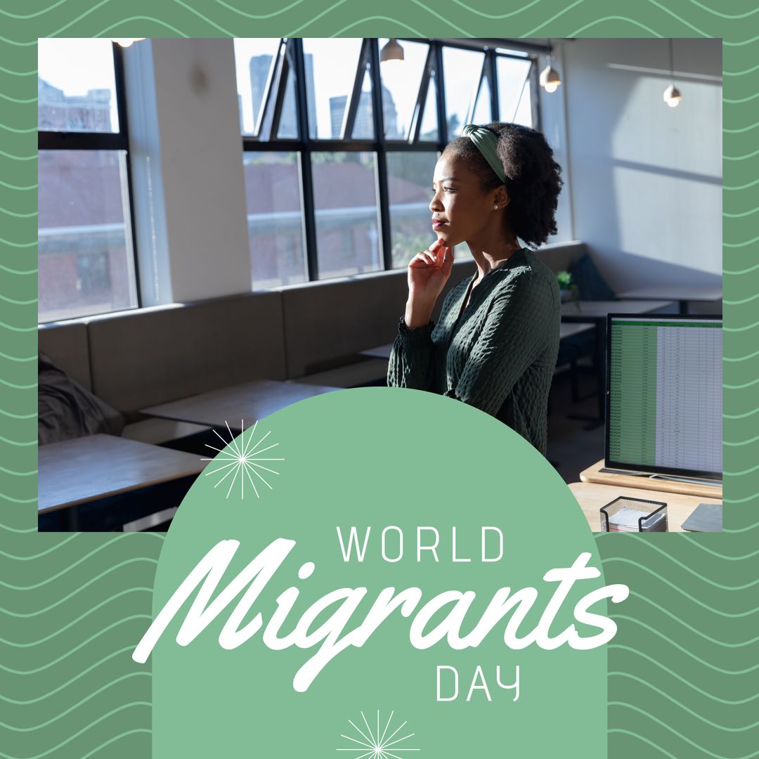 African American Woman Contemplating in Sunlit Office for World Migrants Day
