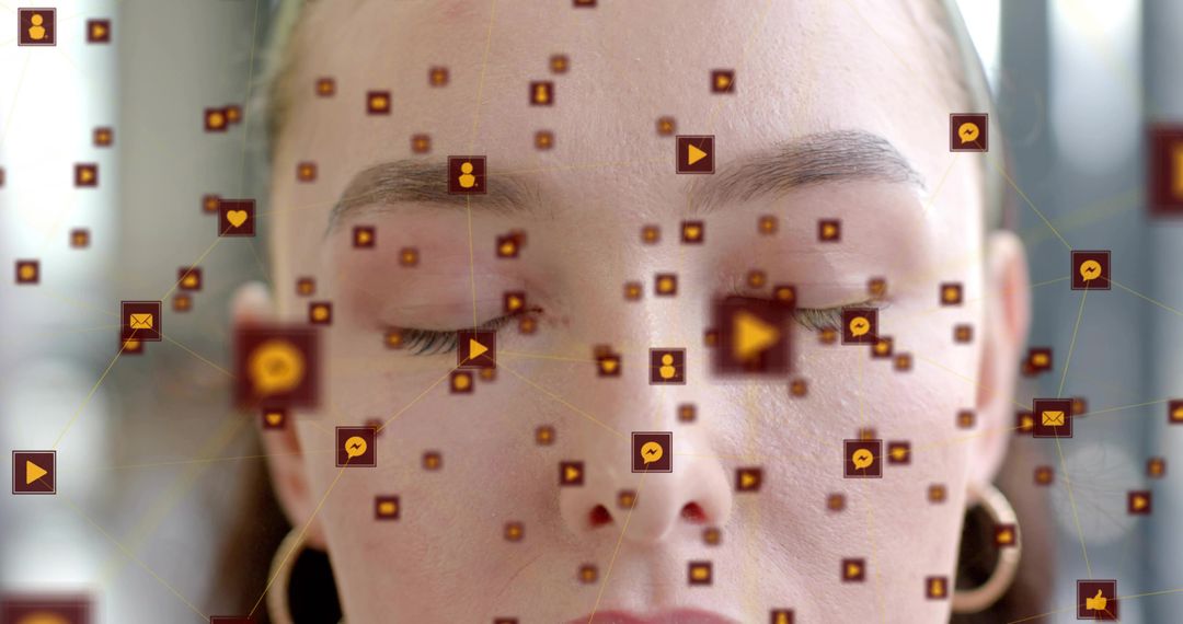 Serene woman resting with closed eyes overlaid by floating social media icons and network